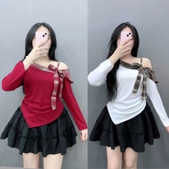 Set Ladies Big Size Blouse Women's Off Shoulder Pretty Bow Tie Long Sleeve Mixed Checkered A-Line Sk