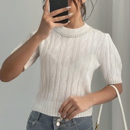 1pc Women's Solid Pearl White Cable Knit Short Sleeve Sweater Top