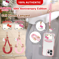 สายคล้อง Sanrio Hello Kitty ของแท้100% กันหาย50th ครบรอบปีสำหรับโทรศัพท์มือถือปรับความยาวได้พร้อม SR8จี้ตุ๊กตา3D