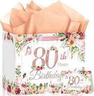 80th Birthday Gift Bag Flower 80th Birthday Decorations for Women Her Floral 80th Birthday Gift Bag 