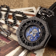 [Ready Stock] Hot Sale Hollow Pocket Watch Engraved Octagonal Mechanical Pocket Watch Retro Roman Bl