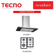 Tecno KA 9228 Chimney Cooker Hood with Decorative LED Lights + Tecno TA 608TRSV 4 Burner Gas Hob