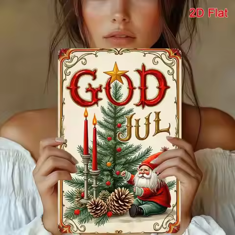 Vintage Swedish "God Jul" Metal Wall Decor 20x30cm Red Golden Gnome Christmas Sign with Candles & Pi