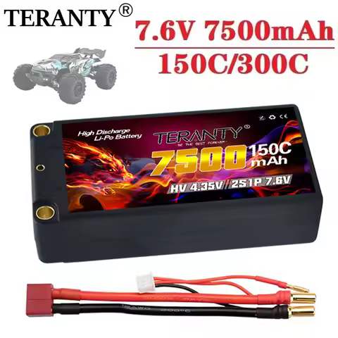 Upgraded TERANTY MAX 300C Shorty Lipo Battery 2S 7.6V 7500mah 150C With 5mm Graphene Bullet For 1/10