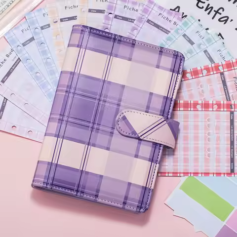 A6 Fashion Plaid Budget Binder 6 Ring Notebook Binder Cover Refillable Loose Leaf Binder Wallet Bind