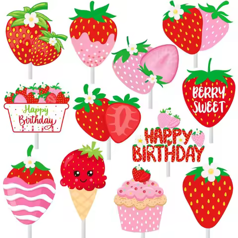 Strawberry Cupcake Toppers ，Strawberry Birthday Party Cupcake Toppers Berry Sweet Cake Picks Strawbe