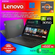 #1574 USED LENOVO IDEAPAD GAMING LAPTOP RYZEN 5-5600H 16G 512SSD RTX3050 RTX 3050 4G 1 YEAR WARRANTY