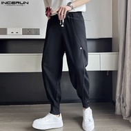 INCERUN กางเกงกีฬาลำลองสำหรับผู้ชาย,กางเกงขายาวมีสายแบบเรียบง่ายสไตล์เกาหลี