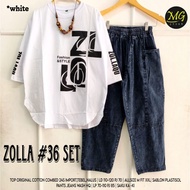 Zolla 36 set fashion women's suit oval top model 3 sleeves/ 4 wash jeans. 24s combed cotton material