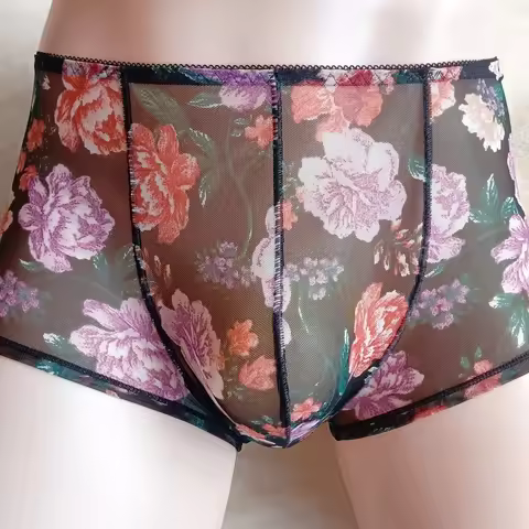 Man's Floral Summer Mesh Silky Briefs Panties LGBT BF Gift FKK Party Live Show Dance Costumes