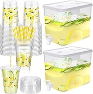 Kochorie 2 Pack 2.3 Gallon Plastic Drink Dispenser with Spigot 50 Disposable 12 OZ Lemon Plastic Cup