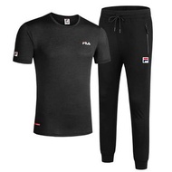 FILA斐樂運動套裝 兩件套 圓領短袖T恤+縮口運動長褲 速幹材質 高爾夫健身 吸濕透氣 排汗 戶外健身 慢跑 修身好身