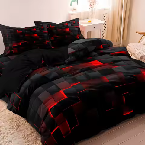 3pcs 3D Digital Print Energy Block Geometric Cube Modern Grid Plaid Checked Bedding Set Includes 1*D