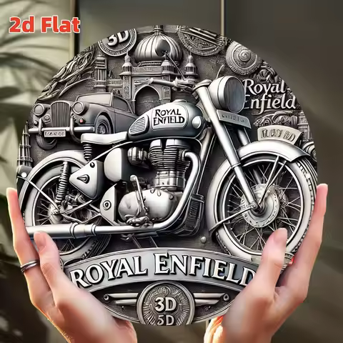 2D Flat, Royal Enfield Motorcycle Badge - Vintage Motorcycle Decor with Royal Enfield Logo, Heavy-Du