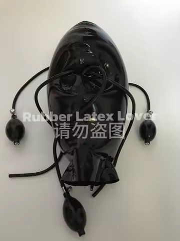 Latex Hood Rubber Mask with Inflatable Long Tube BDSM Asphyxia Cosplay