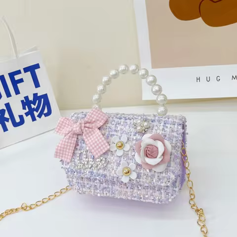 Elegant Synthetic Leather Princess Bag Pearl Decorated Handheld Crossbody Bag Little Girl Bag Girl