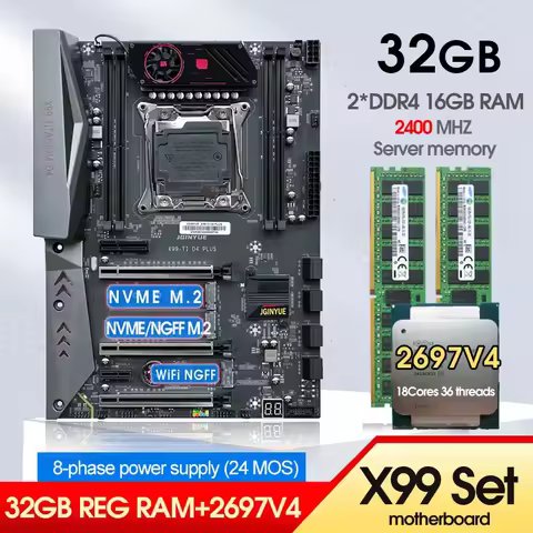 X99 Motherboard Combo Xeon E5 2697 V4 CPU Kit LGA 2011-3 2*16G=32GB DDR4 2400MHZ RAM Memory Support 