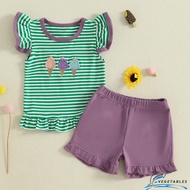 CB-2Pcs Baby Girl Summer Outfits Fly Sleeve Ice Cream Embroidery Tops + Shorts Set Toddler Clothes