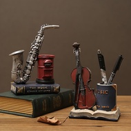 Retro Music and Books Theme Pen Stand Resin Decorative Organizer for Desk Vintage Style Office Study