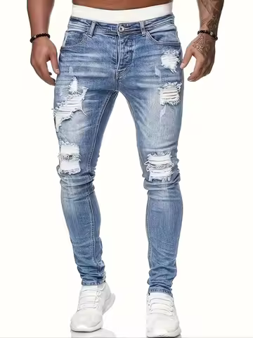 Men's Slim Fit Ripped Straight-Leg Jeans, Slim Stretch Jeans, Versatile Street-Style Jeans