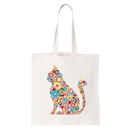 Floral Cat 帆布 文藝 環保 肩背 手提包 購物袋-米白色 花 貓 碎花 設計 插畫 藝術 水彩