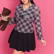 Bộ đồ hai mảnh lưới lưới nơ tay dài và chân váy cỡ lớn Spring Break Mean Girl Preppy Summer