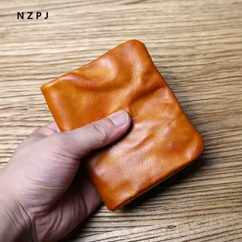 NZPJ Male Retro Leather Wallet Female Short Wallet First Layer Cowhide Vertical Wallet Vegetable Tan