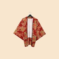 Back to Green-日本帶回羽織 典雅磚紅 花與楓葉 /vintage kimono