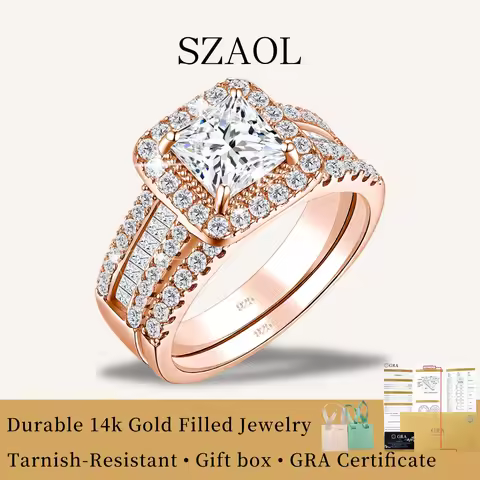 Luxury 925 Silver 2Pcs Princess Cut 1.5ct Moissanite Bridal Set for Fiancee.14k Gold Filled Stackabl