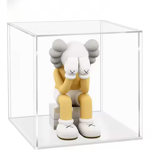 Acrylic Clear Display Case, 8x6x8 in, 20x15x20cm, Dustproof Box with Glossy White/Black Base for Act