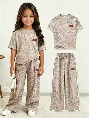 SHEIN Genkimix Kids Young Girls Casual Loose Drop Shoulder Leopard Print Mid-Sleeve Sweatshirt And S