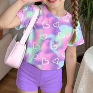 2pcs/Set Teen Girls' Casual Tie Dye Heart Pattern Short Sleeve T-Shirt And Shorts Set,Lavender,Y2k S