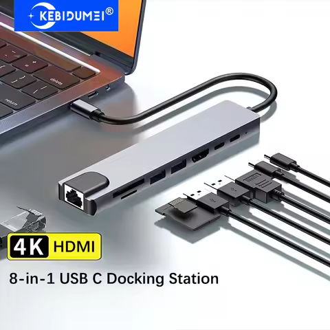 KEBIDUMEI 8-in-1 USB 3.0 Hubs USB C Docking Station 5Gbps Transmission USB C HUB TYPE-C to HDMI/RJ45