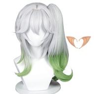 Gray Green Wig for Nahida Cosplay Costume Wig with Ponytail Anime Curly Fluffy Layered Wig with Bang
