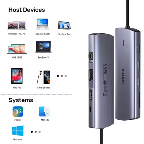 Unitek 9-in-1 USB-C Docking Station Dual Display HDMI VGA 100W PD Gigabit Ethernet 3×USB3.0 SD TF Ca