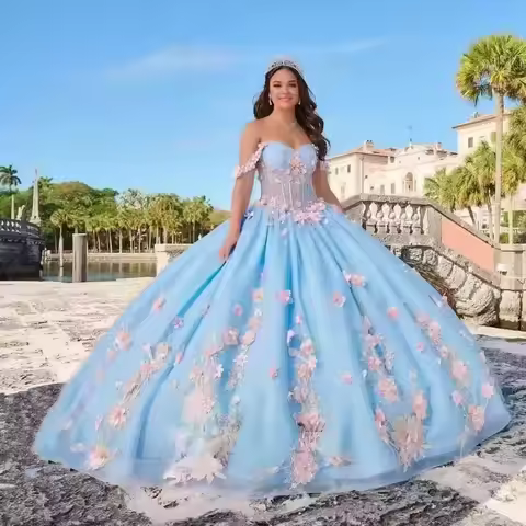 BOMARIS Light Blue Princess Ball Gown Quinceanera Dresses Vestidos De 15 Anos XV 3D Flower Appliques