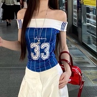 A-33. Striped off-the-shoulder shirt with letter 33 printed in borip elastic