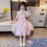 Girls Summer Rainbow Princess Dress Colorful Skirt Girl Butterfly Hanfu Chinese Style Girl Dress Female Short-sleeved Hanfu
