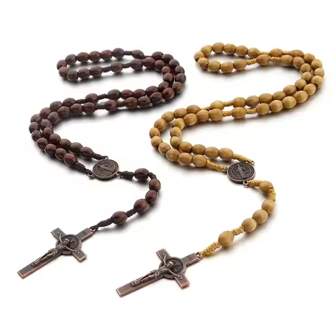 Jesus Cross Pendant Necklace Catholic Rosary Christian Religious Cross Hand Made Wooden Beads Exorci