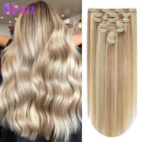 8Pcs Clip In Hair Extensions 100% Real Human Hair P8/613 Color Brown Highlight Blonde For Women Dail
