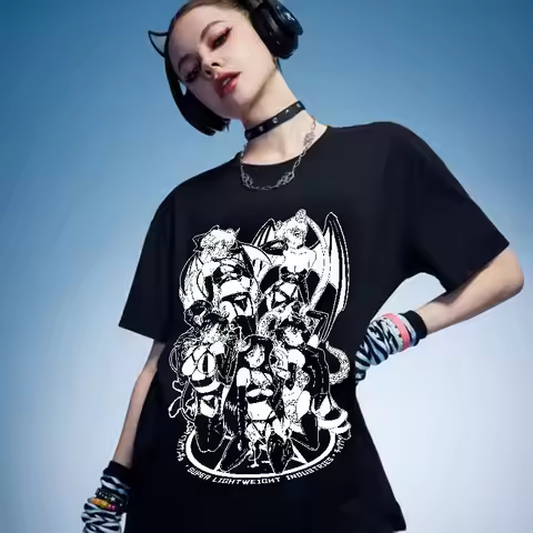 Fun Trendy Dark Beauty Warrior Street Cartoon Anime Vintage Top Japanese Ins Pure Cotton Male and Fe