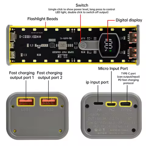 DIY Power Bank Case PD22.5W Powerbank Box 21700 LED Screen Transparent Battery Storage Shell For Mob