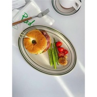 【ins博主同款綠線餐盤】韓國陶瓷復古橢圓西餐盤早餐盤魚盤瑕疵