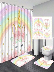 4入組創意粉色獨角獸圖案印花浴簾套裝，包括浴室浴簾及地墊、馬桶蓋和防滑U型墊、防水浴簾和12個鉤子