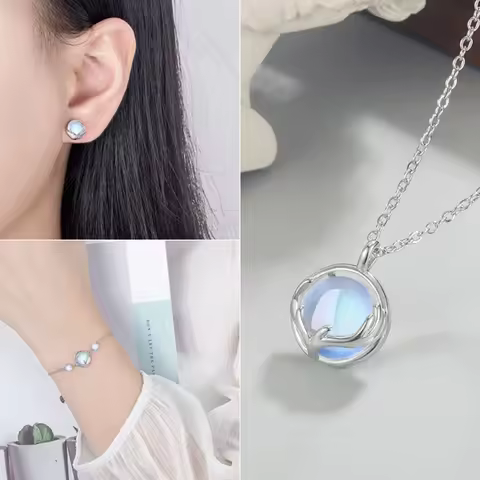 925 Sterling Silver Jewelry Set Antler Moonstone Crystal Earrings Bracelet Necklace Elegant Christma