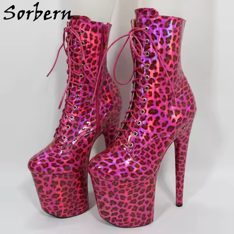 Sorbern Hot Pink Leopard Lace Up Women Boots Pole Dancer Stripper High Heels 20Cm Customized 17Cm 15