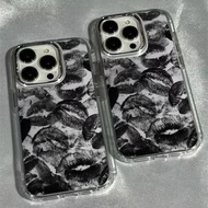 Black Lip Print Electroplated Lens Frame Clear Phone Case For iPhone 17 16 15 14 13 12 11 Pro Max Ai