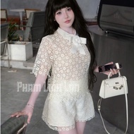 Luxurious women's clothing set, set of 3 Piece short-sleeved lace shirt with 2-strap shirt to wear i