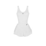 Váy jumpsuit DKMV màu trắng form hai dây bản to hở lưng họa tiết chữ thêu xinh xắn Obsti Dress | K21