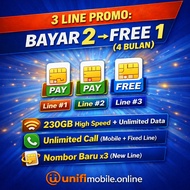 Unifi Mobile Postpaid 39+1 | 3 Nombor Baru | Bayar 2 FREE 1 Line (4 Bulan) | 230GB High Speed + Unli